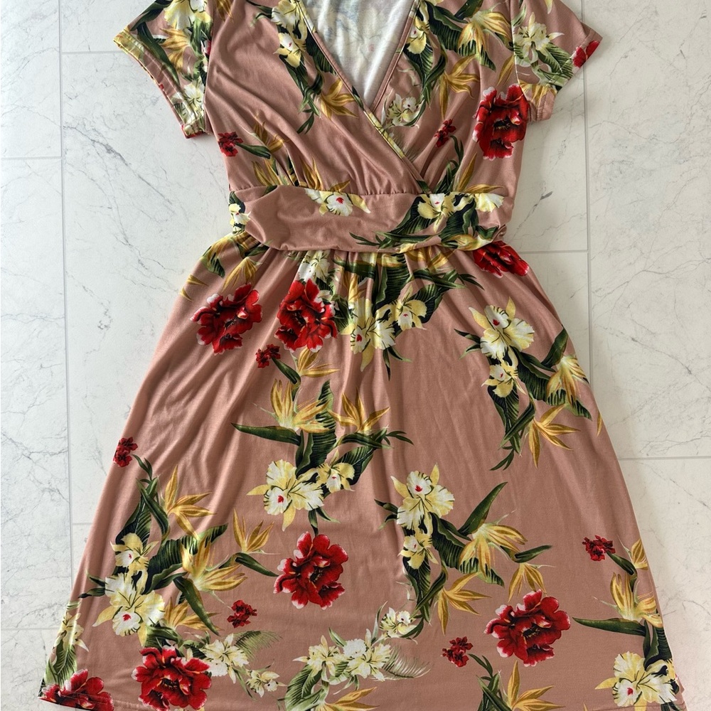 Pink Pleated Wrap Sundress with Flutter Sleeves OUGES